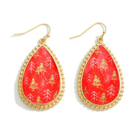 Red & Gold Christmas Tree Glass Crystal Tear Drop Earrings - Picture 1 of 3